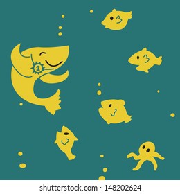 Big fish proud himself of being winner and gain victory, admired by many follower. Good leader concept. Vector illustration.