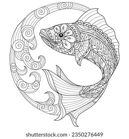 Big fish and sea waves hand drawn for adult coloring book