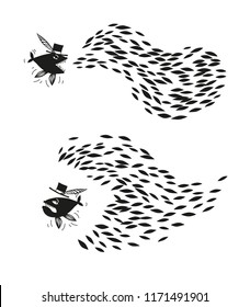 Big fish and small fish. Together we are stronger, only together we will win!True white vector illustration. Can be used in social networks, for articles, publications, cards, print, poster, sticker.