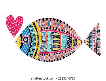 Big fish. Stylized cartoon isolated on white background. Hand drawn poster.