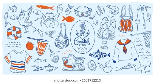 Big fisherman clipart set with sardines, fishing gear, sailor cloth, sea creature and nautical item. Perfect for branding, sticker, poster and fashion style. Hand drawn vector outline illustration.