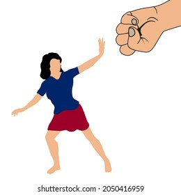 A big fist threatens a girl. Stop violence against women awareness. A strong woman protesting against domestic violence and female abuse. Stop violence against women. 