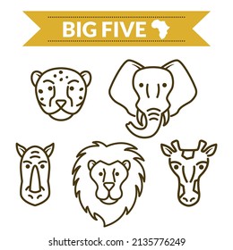 Big Five animals set of icons. Leopard, elephant, rhino, leo and giraffe. Vector illustration 