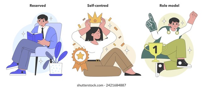 Big Five Personality Dimensions set. Illustrations of reserved, self-centred, and role model traits with symbolic activities and expressions. Flat vector illustration