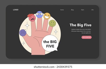 The Big Five Personality Traits conceptualized as emotive finger puppets. Human hand representing different emotions and characteristics. Flat vector illustration.