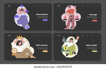 Big Five Personality Traits interface design. Depicts neuroticism, average, self-centred, and role model characteristics in a modern website layout. Flat vector illustration