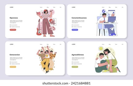 Big Five Personality Traits on a website. Creative visuals for openness, conscientiousness, extraversion, and agreeableness. User-friendly interface design. Flat vector illustration