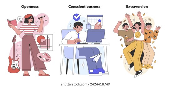 Big Five Personality Traits visualization. Portrayal of openness, conscientiousness, and extraversion through creative, diligent, and social activities. Flat vector illustration