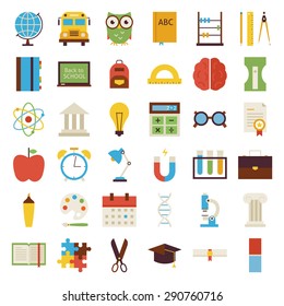 Big Flat Back to School Objects Set. Flat Styled Vector Illustrations. Back to School. Science and Education Set. Collection of Objects isolated over white.