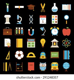 Big Flat Back to School Objects Set over Black Background. Flat Styled Vector Illustrations. Back to School. Science and Education Set. Collection of Colorful Objects over black background.