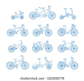 Big flat graphic design set of different bicycles. 