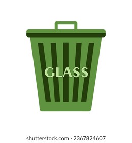 Big Flat green recycle garbage can with text Glass on it. Trash bin in cartoon style. Recycling trash can. Vector illustration isolated on white. Educational Poster, Ecology and sorting concept.