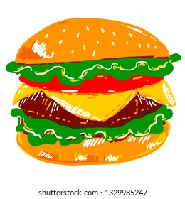 Big flat hamburger illustration. Classic burger closely. Multiple layers - chopped tomato, lettuce leaves, cheese, meat, sesame bun. Fast food image for design, web, banner, poster, print, advertising