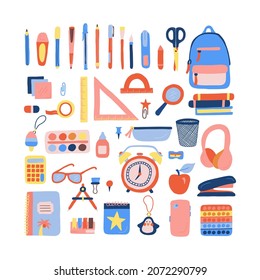 Big flat hand drawn illustrations set of school supplies. Vector clip art stationery objects.
Back to school illustration template on isolated on white background. Vector elements with stationery.