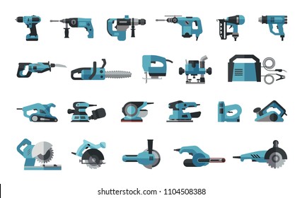 Big flat icon collection of power electric hand tools. Set of master tools for wood, metal, plastic, stone.
