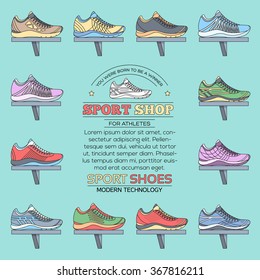 big flat illustration collection set of sneakers running, walking, shopping, style backgrounds. Vector thin lines concept elements icons. Colorful template for you design, poster, web and mobile 