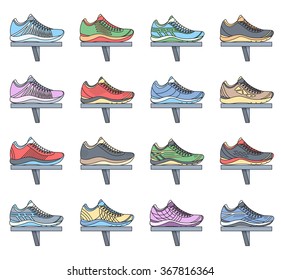 big flat illustration collection set of sneakers running, walking, shopping, style backgrounds. Vector concept elements icons. Colorful template for you design, poster, web and mobile 