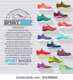 big flat illustration collection set of sneakers running, walking, shopping, style backgrounds. Vector concept elements icons. Colorful template for you design, poster, web and mobile applications