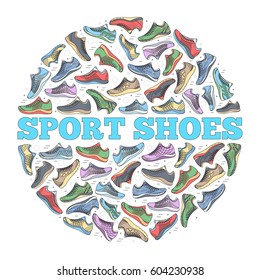 big flat illustration collection set of sneakers running, walking, shopping, style backgrounds. Vector concept elements icons. Colorful template for you design, poster, web and mobile