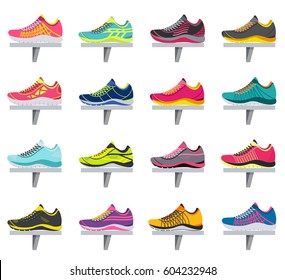 big flat illustration collection set of sneakers running, walking, shopping, style backgrounds. Vector concept elements icons. Colorful template for you design, poster, web and mobile applications