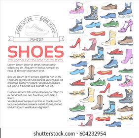 big flat illustration collection set of sneakers running, walking, shopping, style backgrounds. Vector thin lines concept elements icons. Colorful template for you design, poster, web and mobile