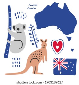 Big flat set of Australian famous icons koala, kangaroo, flag and map isolated on white background. Traditional cuisine, architecture, cultural symbols. A collection of colored illustrations.