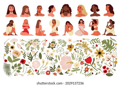 Gran conjunto plano de íconos con hermosas mujeres jóvenes varias flores y deja ilustraciones vectoriales aisladas