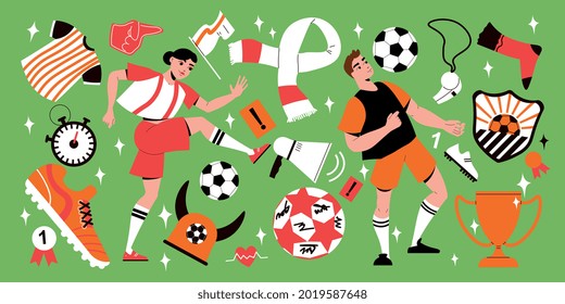 Big flat set with two football players sports equipment and fan attributes isolated on green background vector illustration