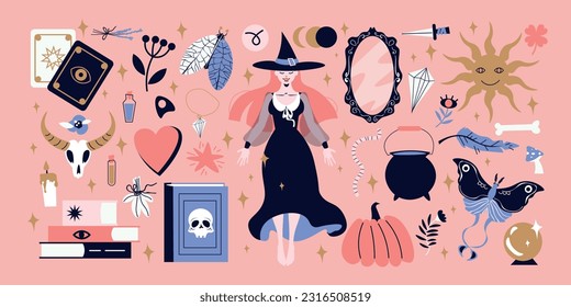 Gran conjunto plano de varios objetos mágicos y ocultos y bruja joven con vestido negro y sombrero sobre fondo rosa ilustración vectorial aislada