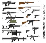 Big flat set of various weapons guns pistols and rifles isolated on white background vector illustration