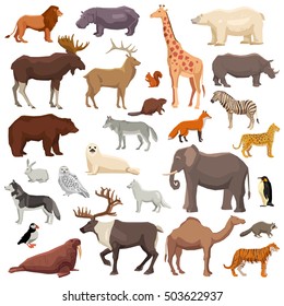 Big flat set of wild animals and birds living in various climatic zones isolated on white background vector illustration