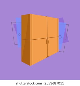 Big flat square carton box cartoon illustration. Stringed paper package. Cardboard box concept. Vector illustration can be used for topics like delivery, postal service, moving