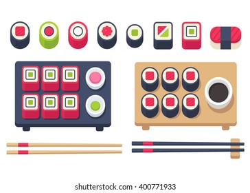 Big flat sushi set  with chopsticks and accessories. Japanese food set, sushi rolls and sashimi. Vector illustration.