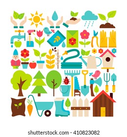 Big Flat Vector Collection of Spring Garden Objects. Set of Seasonal Plants and Flowers Colorful Items. Gardening Tools.