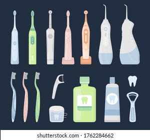 Gran conjunto de ilustraciones vectoriales planas de productos de higiene de cuidado oral y herramientas de limpieza dental en el fondo oscuro. Cepillo de dientes eléctrico, pasta, hilo, irrigador oral, toma de agua, enjuague bucal, rasguño de lengua