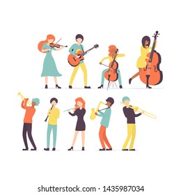 Big flat vector set group of musicians, stringed instruments: violin, contrabass, cello and guitar. Brass and woodwind instruments clarinet, saxophone, trumpet, flute, trombone, .