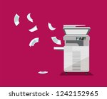 Big floor Professional office copier, multifunction printer printing paper documents on bright background. Printer copier machine for office work with flying sheets. Flat cartoon vector illustration.