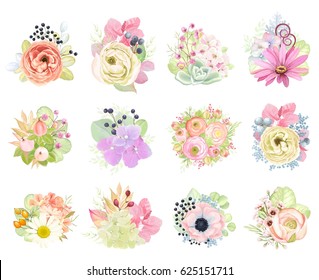 Big Floral Collection. Vector set decor with flowers, plants, branches and leaves in vintage watercolor style.