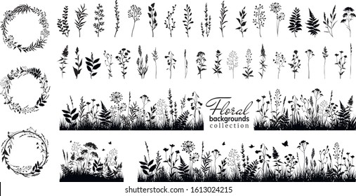 Big floral collections black silhouettes meadow herbs  floral backgrounds   wreaths  Wildflowers  Wild grass  Floral elements for your design  Vector illustration 