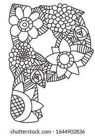 Big floral letter P. Detailed elegance black outline with flower of rose, peony, sunflower and leaves on white background. Graphic silhouette of blossom english letter  for monogram and invitation.