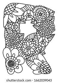 Big floral letter R. Detailed elegance black outline with flower of rose, peony, sunflower and leaves on white background. Graphic stylization of blossom  letter for monogram, invitation and coloring.