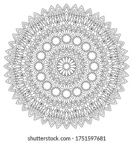 Big floral mandala with small and middle decor on white isolated background. Suitable for coloring book pages, cover, poster, card.
