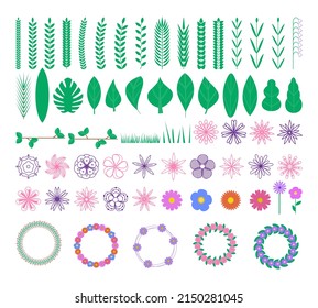 Big floral set. Botanical elements: flowers, leaves, herbs, twigs, frames, branch. Flat bundle of plants. Cartoon vector illustration of decoration