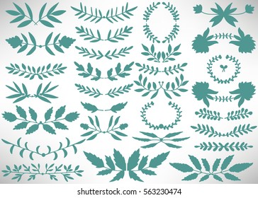 Big Floral Set of green hand drawn dividers, laurel wreaths, leaves, flowers, branches isolated on white. Collection of flourish elements for design. Vector illustration.