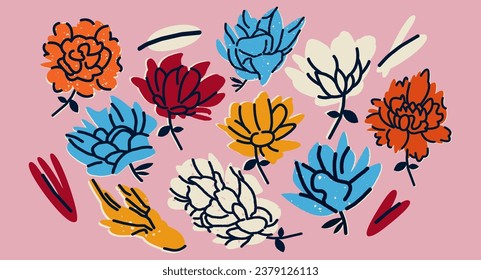 Gran conjunto floral con hidrangea, rosa, peonía, clavel y hojas. Flores vectoriales para tarjetas, carteles, diseños