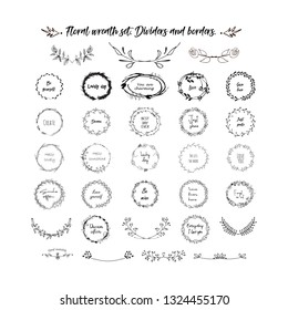 Big floral wreath set. Dividers and borders. Hand drawn vector design.