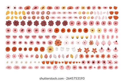 Big flower clipart set with petals, centers, leaves and stems. Perfect for DIY flower composition, logo design, branding or packaging. Whimsical and minimal shapes in hand drawn style.