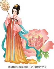 A big flower next to a beautiful woman in ancient costume