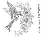 Big flowers and flying bird hand drawn for adult coloring book