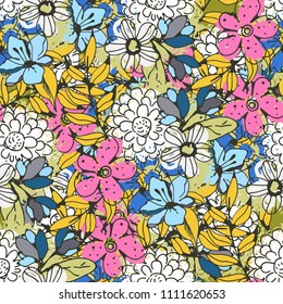 Big flowers, leaves. Seamless pattern. Floral background texture. Fabric design